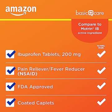 Amazon Basic Care Ibuprofen Tablets, 200 mg, Pain Reliever and Fever Reducer, For Arthritis, Toothache, Backache and More, 100 Count