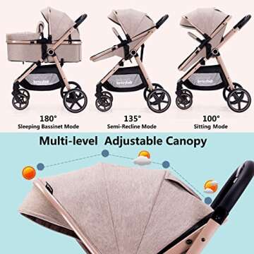 Lortsybab 2-in-1 Baby Stroller with Bassinet Mode - Folding Infant Newborn Pram Stroller with Reversible Seat - Toddler Strollers for 0-36 Months Old Babies (Beige)