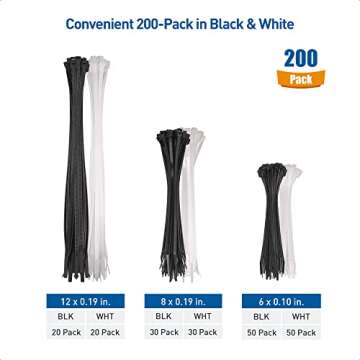 Cable Matters 200-Pack Cable Ties for Indoor and Outdoor, 6, 8, 12-Inch Self-Locking Nylon Zip Ties Assorted Sizes, Wire Ties, Tie Wraps for Multiple Use, Self Locking Zipties, in Black and White