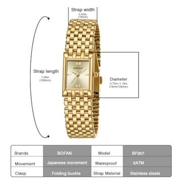 BOFAN Gold Watches for Women Luxury Ladies Quartz Wrist Watch with Stainless Steel Bracelet,Waterproof,Casual Fashion Square Dial.Band Adjustment Tool Included