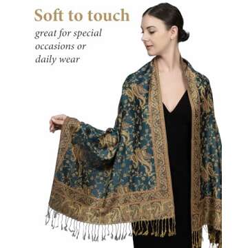 Achillea Soft Silky Reversible Paisley Pashmina Shawl Wrap Scarf w/Fringes (Dark Seagreen)