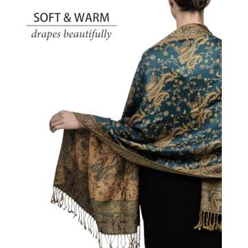 Achillea Soft Silky Reversible Paisley Pashmina Shawl Wrap Scarf w/Fringes (Dark Seagreen)