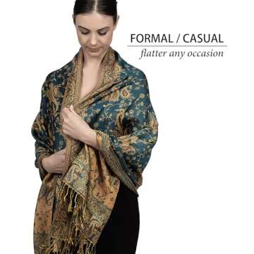 Achillea Soft Silky Reversible Paisley Pashmina Shawl Wrap Scarf w/Fringes (Dark Seagreen)