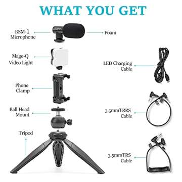 BESSDOMM Smartphone Video Kit,YouTube Starter Kit,Vlog Kit,Content Creator Kit for iPhone13ProMax w/LED Light,Video Microphone,Phone Clip,Phone Tripod with Ballhead for Live-Streaming,Vlogging(BSK-2)