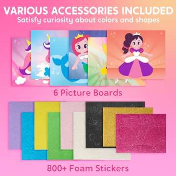 Klever Kits Foam Art Kit for Kids, EVA Foam Stickers with 6 Art Board and 800+ Stickers, DIY Arts and Crafts for Boys Girls Age 3+, Unicorns & Princesses Birthday Gifts Travel Toy