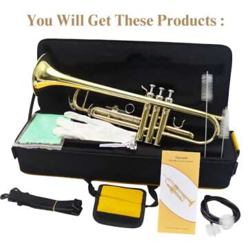 Bb Standard Trumpet Set,Band & Orchestra Musical Instruments for Beginners or Advanced Students,with Trumpet case,Trumpet cleaning kit,Trumpet mouthpiece,Cloth and Gloves (Golden)