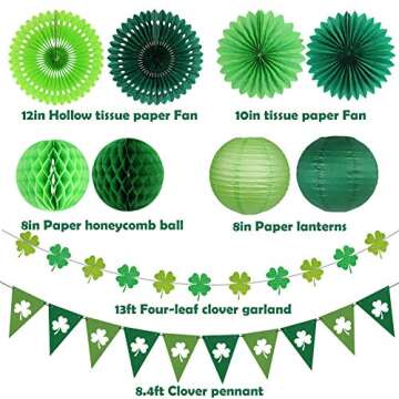 zilue St Patricks Day Decorations, Green Party Supplies Four-leaf Clover Garland Tissue Paper Fan Paper Lantern for Irish Party Saint Patricks Day Decor