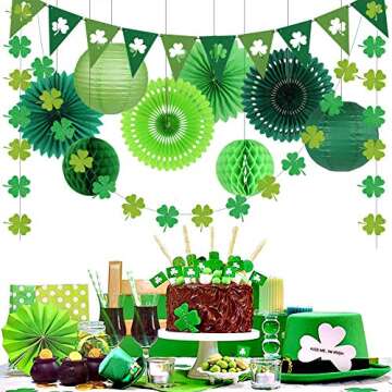 zilue St Patricks Day Decorations, Green Party Supplies Four-leaf Clover Garland Tissue Paper Fan Paper Lantern for Irish Party Saint Patricks Day Decor