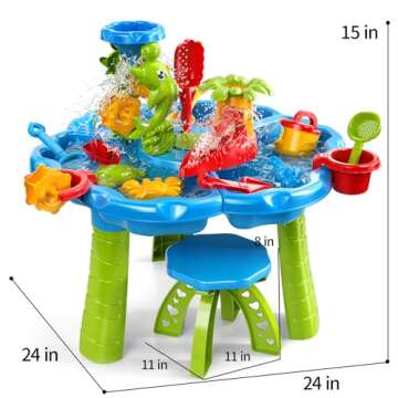 TEMI 3-in-1 Sand Water Table, 28PCS Kids Beach Summer Toys Sandbox Table for Outdoor Activity, Sensory Play Table with Dolphin Water Wheel, Molds, Bucket, Shovel for Toddlers Boys Girls