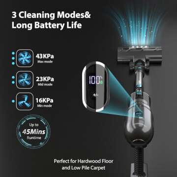 PRETTYCARELIFE Cordless Vacuum Cleaner, 43Kpa Powerful Stick Vacuum with Brushless Motor, LED Touch Display, 45 Mins Long Runtime, Self-Standing Lightweight Vacuum for Hard Floor Carpet Hair, P1Pro