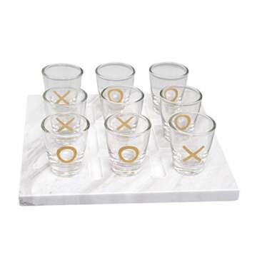 Refinery and Co. Tic-Tac-Toe 10-Piece Shot Set, Vintage Tabletop Games, 9 Shot Glasses and Marble Board, Drinking Game for Adults