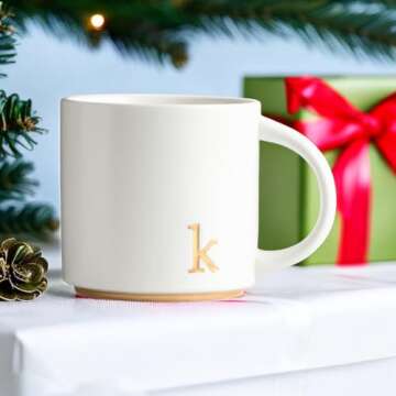 COLLECTIVE HOME - Monogram Ceramic Mugs, 15 oz Golden Initial Coffee Cups, Elegant Alphabet Tea Mugs, Elegant Personalized Mug with Gift Box, Luxurious Cups for Office and Home (k)