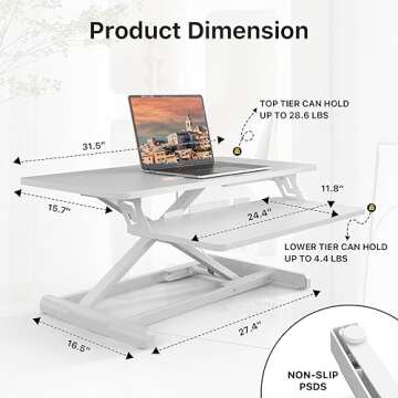 JOY worker Standing Desk Converter, 32" Wide Height Adjustable Sit Stand Up Desk Riser with Keyboard Tray, Desktop Workstation Riser for Home Office Computer Laptop, Particle Board, White