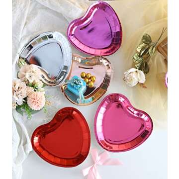 Winoo Design Bulk Valentines Plates - 50 PK - Shiny Heart Plates Paper Heart Shaped Plates for Valentines Day Decor Valentines Decorations Valentine Party Supplies valentines day table decor