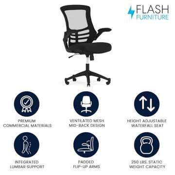 Flash Furniture Kelista Mid-Back Swivel Office Chair with Adjustable Seat Height, Ergonomic Mesh Desk Chair with Flip-Up Armrests, Black