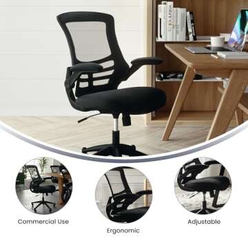 Flash Furniture Kelista Mid-Back Swivel Office Chair with Adjustable Seat Height, Ergonomic Mesh Desk Chair with Flip-Up Armrests, Black