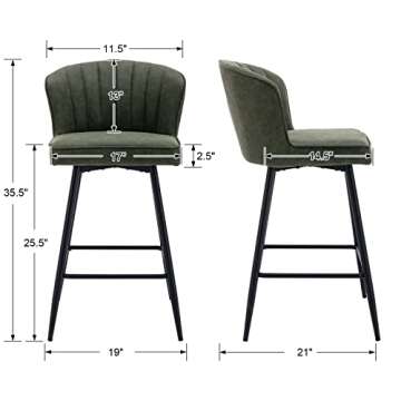 EALSON Counter Height Bar Stools Set of 2 Modern Bar Chairs with Back Leather Upholstered Barstools with Metal Footrest Comfortable Island Chairs for Kitchen Counter/Home Bar/Dining Room, Green