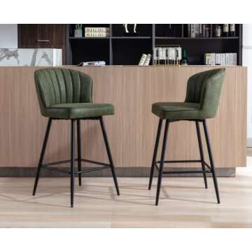 EALSON Counter Height Bar Stools Set of 2 Modern Bar Chairs with Back Leather Upholstered Barstools with Metal Footrest Comfortable Island Chairs for Kitchen Counter/Home Bar/Dining Room, Green