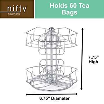 Nifty Tea Bag Spinning Carousel – 6 Compartments, Up to 60 Tea Bags Storage, Spins 360-Degrees, Lazy Susan Platform, Modern Chrome Design, Home or Office Kitchen Counter Organizer