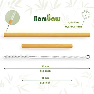 Bambaw Bamboo Reusable Straws | Eco Friendly Long Straws with Straw Cleaner Brush | Biodegradable Alternative to Plastic Straws | Durable Travel Drinking Straws | 6 Straws 5.5 Inch & 6 Straws 8.7 Inch