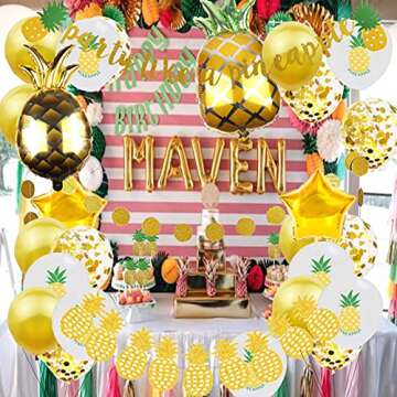 Gold Glitter Pineapple Party Decorations Summer Pineapple Garland Banner Pineapple Garland Latex Balloons Pineapple Foil Balloons Cupcake Toppers for Bachelorette,Birthday Luau Summer Party Decoration