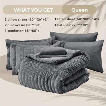 HYMOKEGE Queen Comforter Set Seersucker 7 Pieces, All Season Luxury Bed in a Bag for Bedroom, Bedding Set with Comforters, Sheets, Pillowcases & Shams, Dark Grey