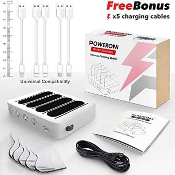 Poweroni 4 Port USB Charging Station - Fast Charging Dock for Multiple Devices Apple - Multi Device Charger Station - Compatible with Apple iPad, iPhone, Android, and Tablet - Charging Rack