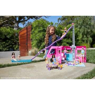 Barbie Camper Playset, DreamCamper Toy Vehicle with 60 Doll-Sized Accessories Including Furniture, Pool & 30-inch Slide