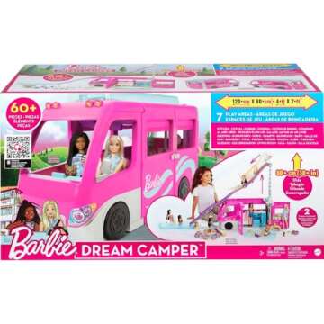 Barbie Camper Playset, DreamCamper Toy Vehicle with 60 Doll-Sized Accessories Including Furniture, Pool & 30-inch Slide