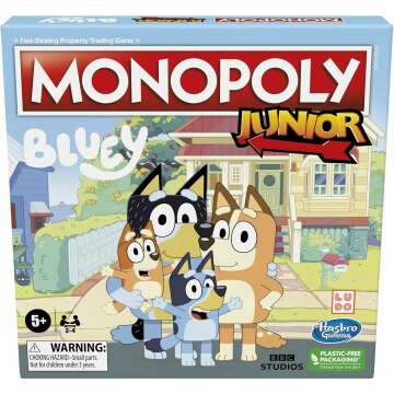 Hasbro Gaming Monopoly Junior: Bluey Edition Board Game for Kids Ages 5+, Play as Bluey, Bingo, Mum, and Dad, Features Artwork from The Animated Series (Amazon Exclusive)