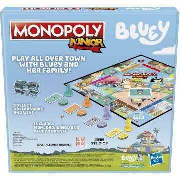 Hasbro Gaming Monopoly Junior: Bluey Edition Board Game for Kids Ages 5+, Play as Bluey, Bingo, Mum, and Dad, Features Artwork from The Animated Series (Amazon Exclusive)