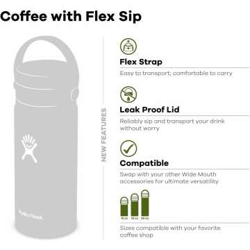 Hydro Flask Stainless Steel Wide Mouth Bottle with Flex Sip Lid and Double-Wall Vacuum Insulation for Coffee, Tea and Drinks