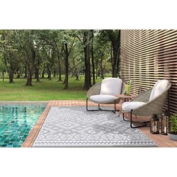 Green Decore Venice Plastic Stain Proof Reversible Fade Resistant Premium Patio Outdoor Rug |Perfect for Garden, Patio, Picnic, Decking | Stain and Water Resistant | (6' x 9', Light Grey / White )