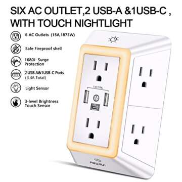 Multi Plug Outlet Surge Protector with USB Ports - POWRUI 6 Outlet Extender