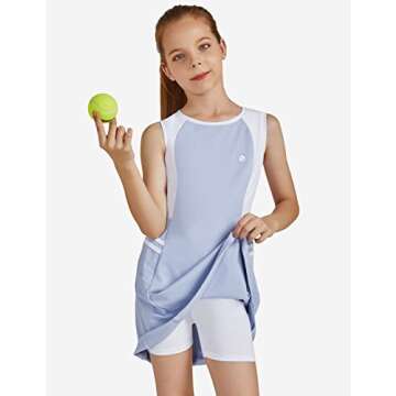 BALEAF Youth Girls Tennis Dress Golf Sleeveless Outfit School Sports Dress with Shorts Pockets Blue/White S