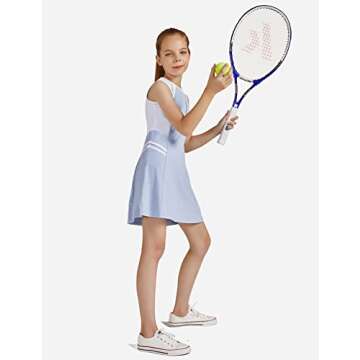 BALEAF Youth Girls Tennis Dress Golf Sleeveless Outfit School Sports Dress with Shorts Pockets Blue/White S