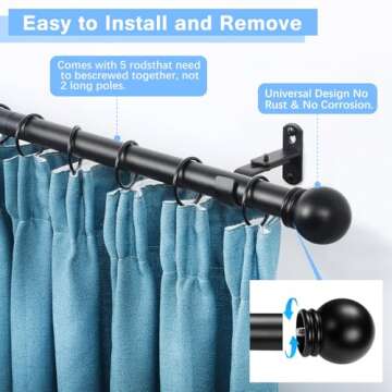 AMZSEVEN Curtain Rods for Windows 16 to 76 Inches, Curtain Rod Max Adjustable Length of 88 IN, 1" Diameter Drapery Rods Round Finials, Black