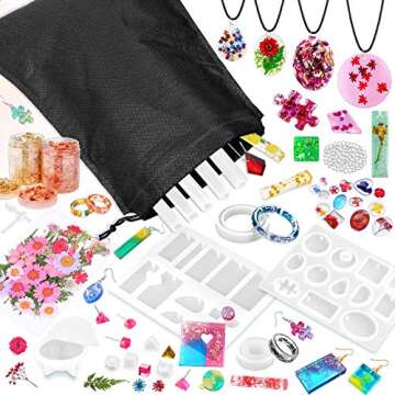 219Pcs Resin Kit for Beginners, Thrilez Resin Mold Kit with Resin Molds Silicone and Epoxy Resin Supplies Include Dried Flowers, Foil Flakes, Necklace Cord, Earring Hooks for DIY Jewelry Making