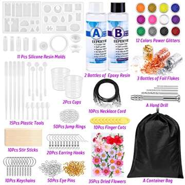 219Pcs Resin Kit for Beginners, Thrilez Resin Mold Kit with Resin Molds Silicone and Epoxy Resin Supplies Include Dried Flowers, Foil Flakes, Necklace Cord, Earring Hooks for DIY Jewelry Making