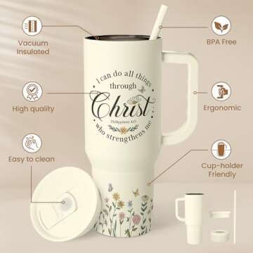 Christian Tumbler with Handle - 40oz Insulated Travel Cup for Women