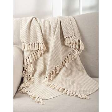 SARO LIFESTYLE Classic Tassel Trim Cotton Throw Blanket, Natural, 50"x60"