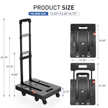 SPACEKEEPER Folding Hand Truck, 500 LB Heavy Duty Luggage Cart, Utility Dolly Platform Cart with 6 Wheels & 2 Elastic Ropes for Luggage, Travel, Moving, Shopping, Office Use, Black