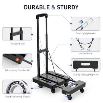 SPACEKEEPER Folding Hand Truck, 500 LB Heavy Duty Luggage Cart, Utility Dolly Platform Cart with 6 Wheels & 2 Elastic Ropes for Luggage, Travel, Moving, Shopping, Office Use, Black