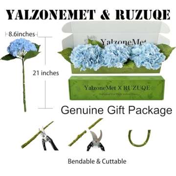 YalzoneMet 3 Pcs 21’’ Graduated Blue Artificial Hydrangea Real Looking Lifelike Real Touch Faux Long Stem Big Hydrangea for Home Party Outdoor Christmas Decor Table Centerpiece