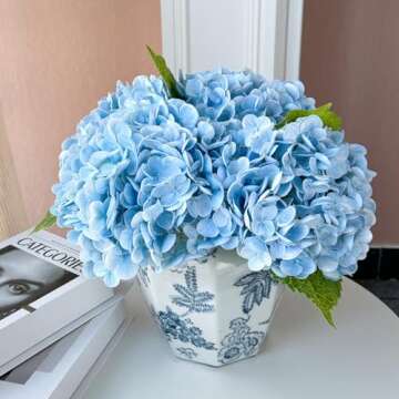 YalzoneMet 3 Pcs 21’’ Graduated Blue Artificial Hydrangea Real Looking Lifelike Real Touch Faux Long Stem Big Hydrangea for Home Party Outdoor Christmas Decor Table Centerpiece