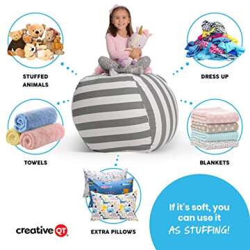 Creative QT Stuffed Animal Storage Bean Bag Chair - Toddler Size Stuff 'n Sit Organization for Kids Toy Storage - Available in a Variety of Sizes and Colors (27", Grey/White Striped)