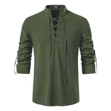 JEMITOP Men's Vintage Renaissance Costume Long Sleeve Lace Up Shirts for Pirate Viking Medieval Vampire Halloween Cosplay Clothing Army Green S