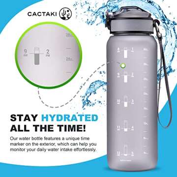 Cactaki 32 oz Water Drinking Bottle with Time Marker, Straw & Strap - Stay Hydrated - Hydration Tracker & Reminder to Drink - Daily & Hourly Measurement Markings - Leak Spill Proof & BPA Free - Grey