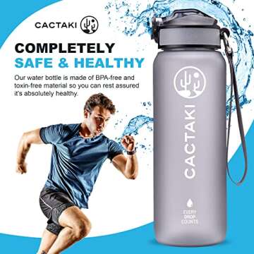 Cactaki 32 oz Water Drinking Bottle with Time Marker, Straw & Strap - Stay Hydrated - Hydration Tracker & Reminder to Drink - Daily & Hourly Measurement Markings - Leak Spill Proof & BPA Free - Grey