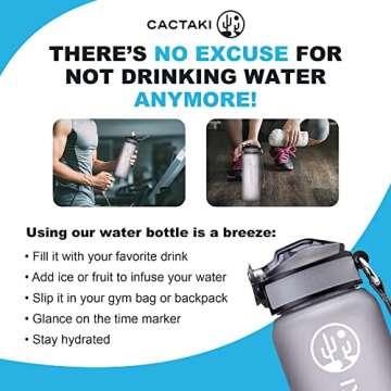 Cactaki 32 oz Water Drinking Bottle with Time Marker, Straw & Strap - Stay Hydrated - Hydration Tracker & Reminder to Drink - Daily & Hourly Measurement Markings - Leak Spill Proof & BPA Free - Grey